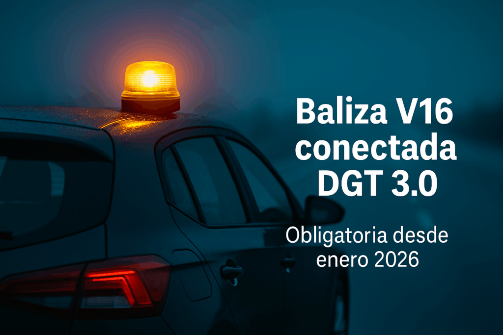 Coche detenido en carretera de noche con una baliza V16 conectada DGT 3.0 encendida sobre el techo, emitiendo luz amarilla intermitente. Fondo en tonos azul turquesa y azul oscuro con texto que indica ‘Baliza V16 conectada DGT 3.0 – Obligatoria desde enero 2026’. Imagen profesional corporativa de Gestoría Administrativa Tomares Center.