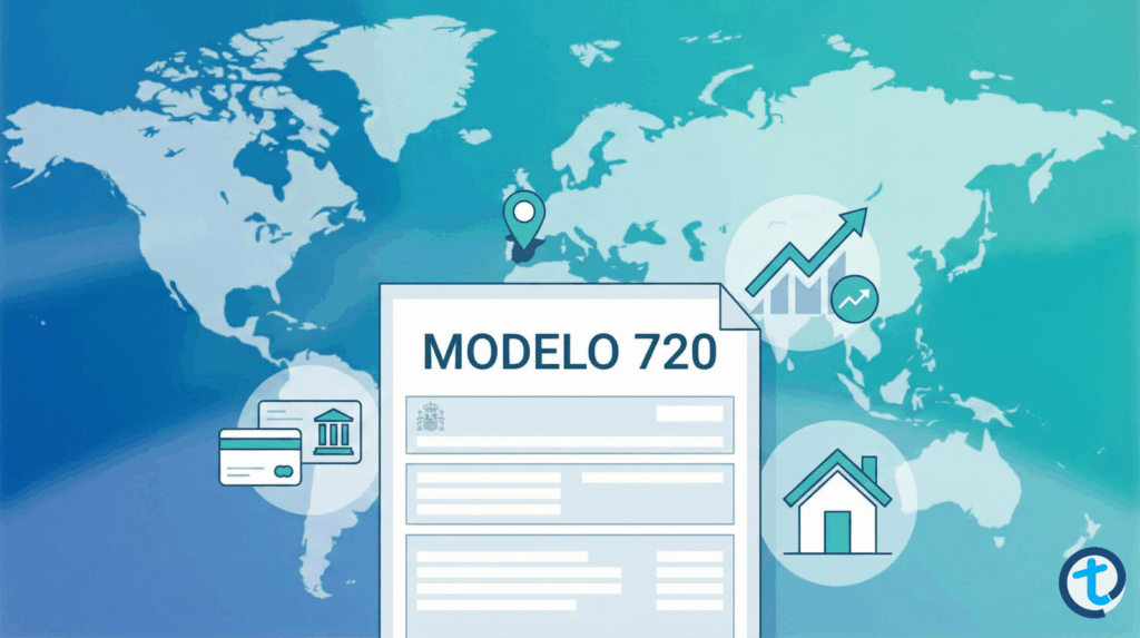Imagen ilustrativa de un documento titulado “Modelo 720” sobre un mapa del mundo, rodeado de iconos de cuentas bancarias, inversiones y vivienda en el extranjero, con un pin marcado en España, representando la obligación de declarar bienes en el extranjero para residentes fiscales en España.