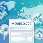 Imagen ilustrativa de un documento titulado “Modelo 720” sobre un mapa del mundo, rodeado de iconos de cuentas bancarias, inversiones y vivienda en el extranjero, con un pin marcado en España, representando la obligación de declarar bienes en el extranjero para residentes fiscales en España.